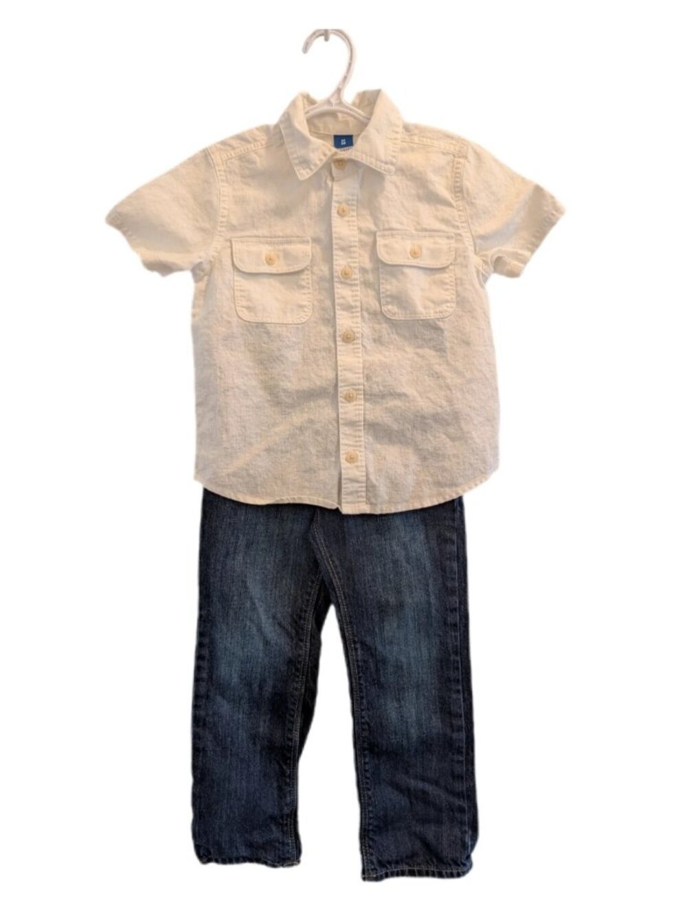 Old Navy Linen White Button Up Shirt & Classic Dark Denim Jeans 3T
